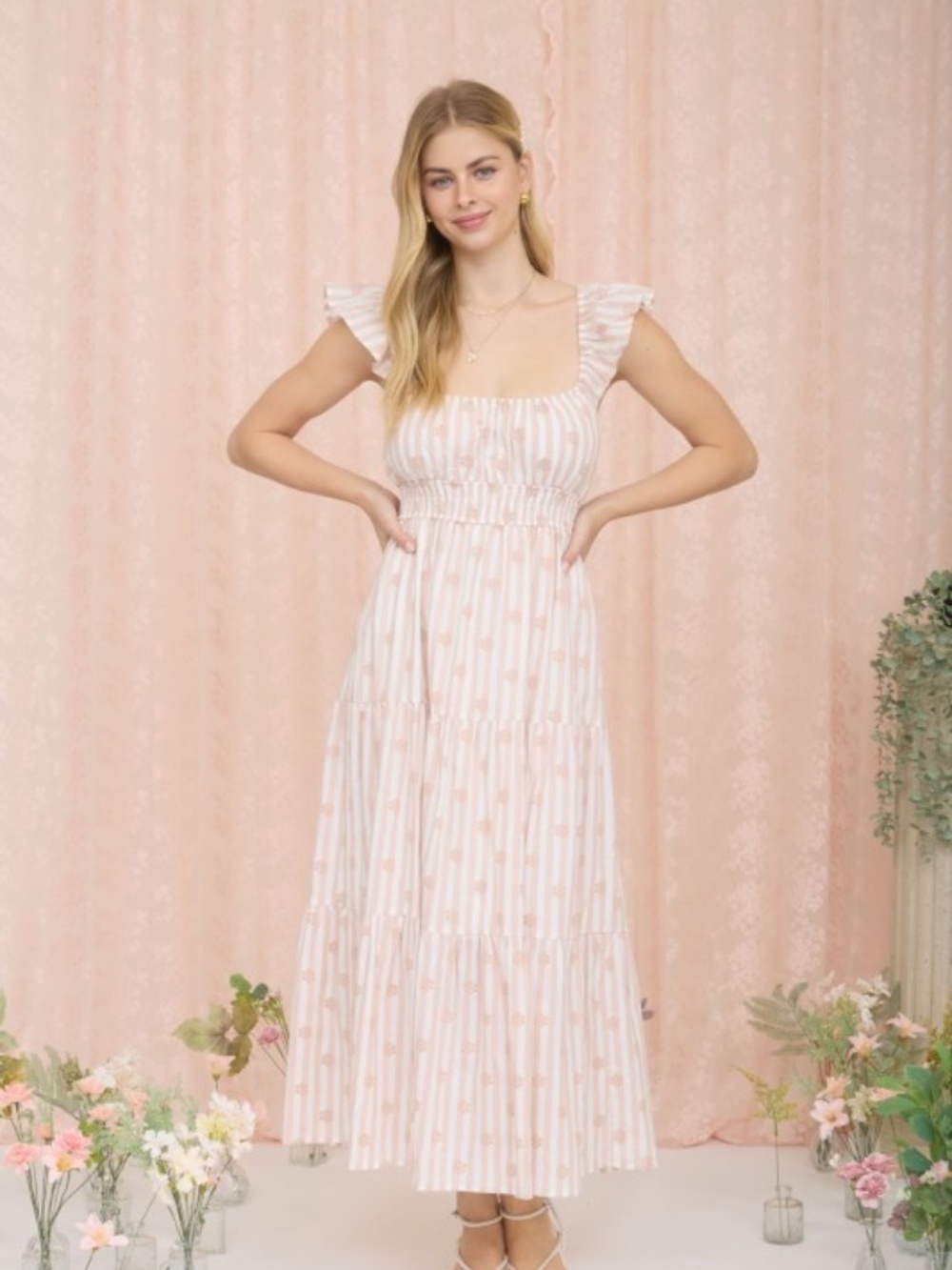 Stripe Floral Flounce Strap Tiered Midi Dress